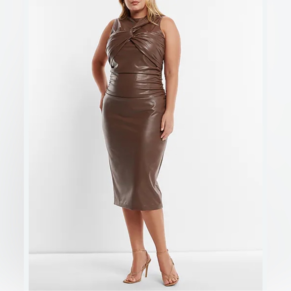 Brown Faux Leather Fitted Midi Dress Body Contour Built-In Shapewear XL